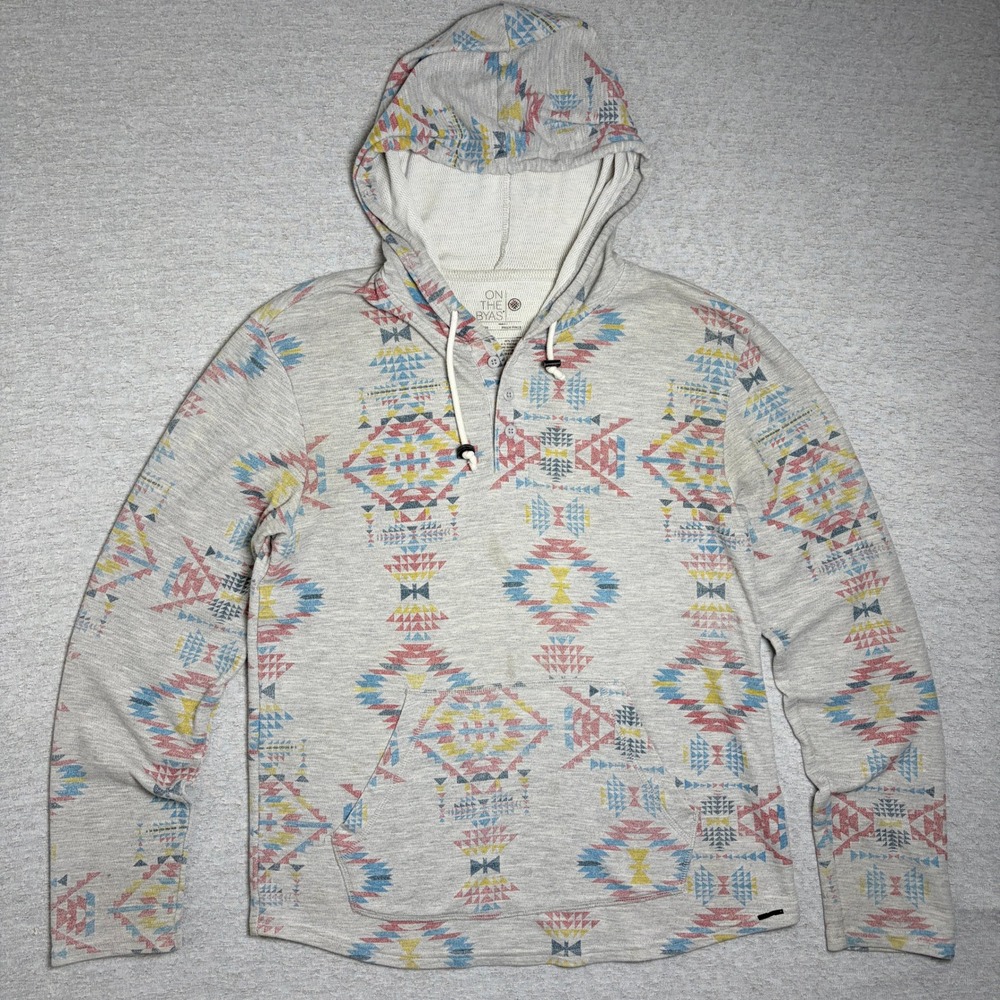 On The Byas Mens Hoodie Medium Gray Aztec Southwestern Pullover‎ Long Sleeve